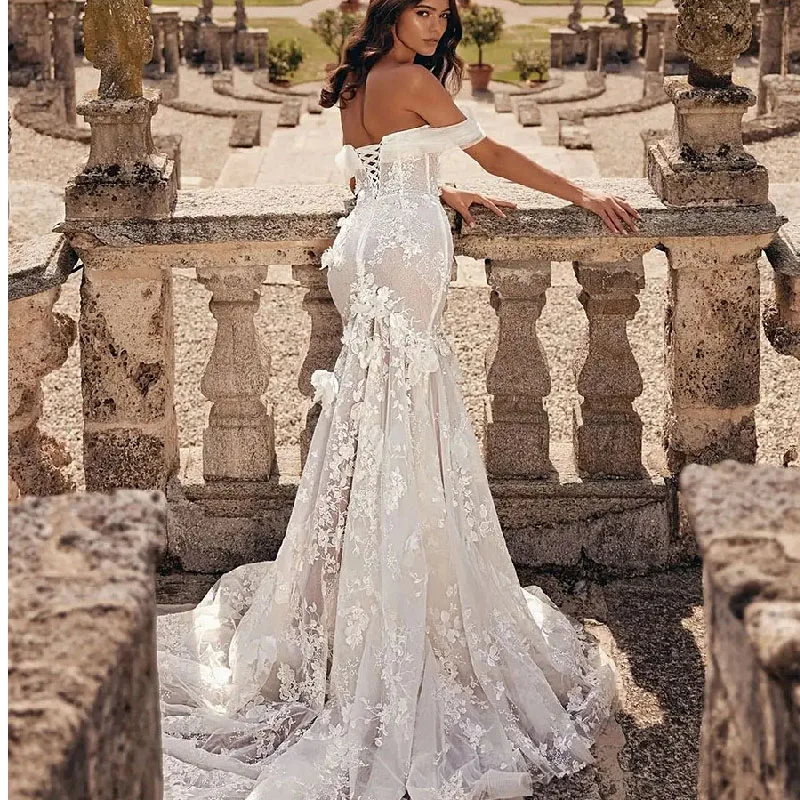 

Charming Mermaid Brides Wedding Dresses Off the Shoulder Appliques Flowers Button Court Train Vestidos De Novia Customized 2025
