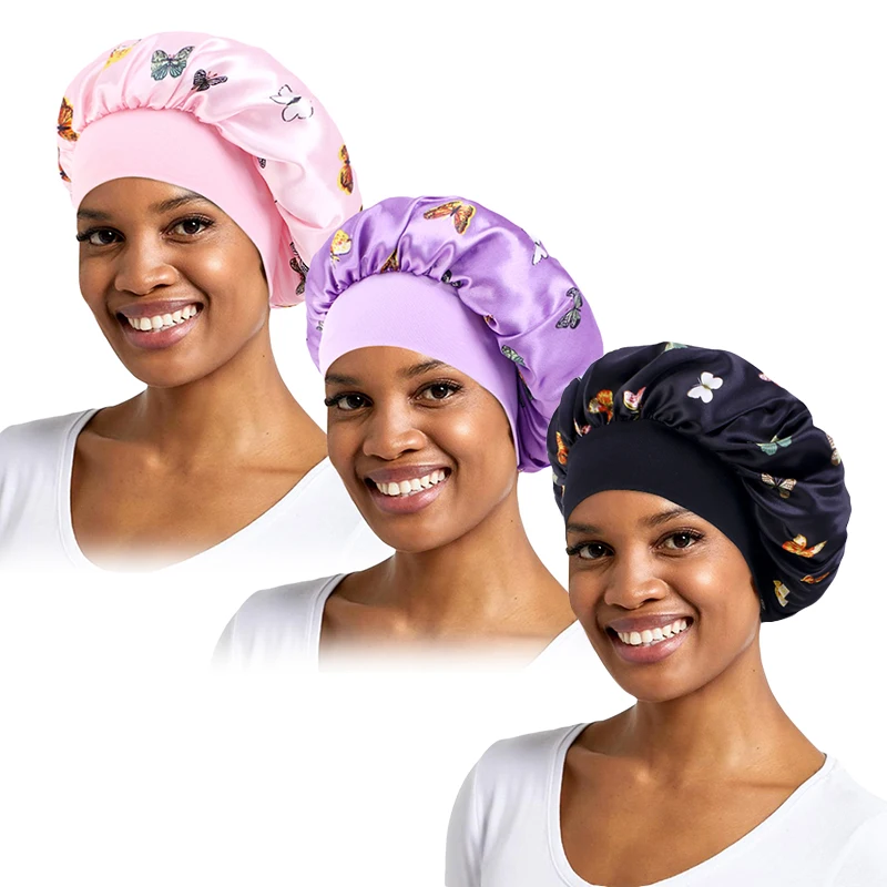 3PCS/LOT Women Satin Night Sleeping Cap Satin Silky Bonnet Sleep Cap Head Cover Wide Elastic Band Bathing Shower Hair Care Wrap