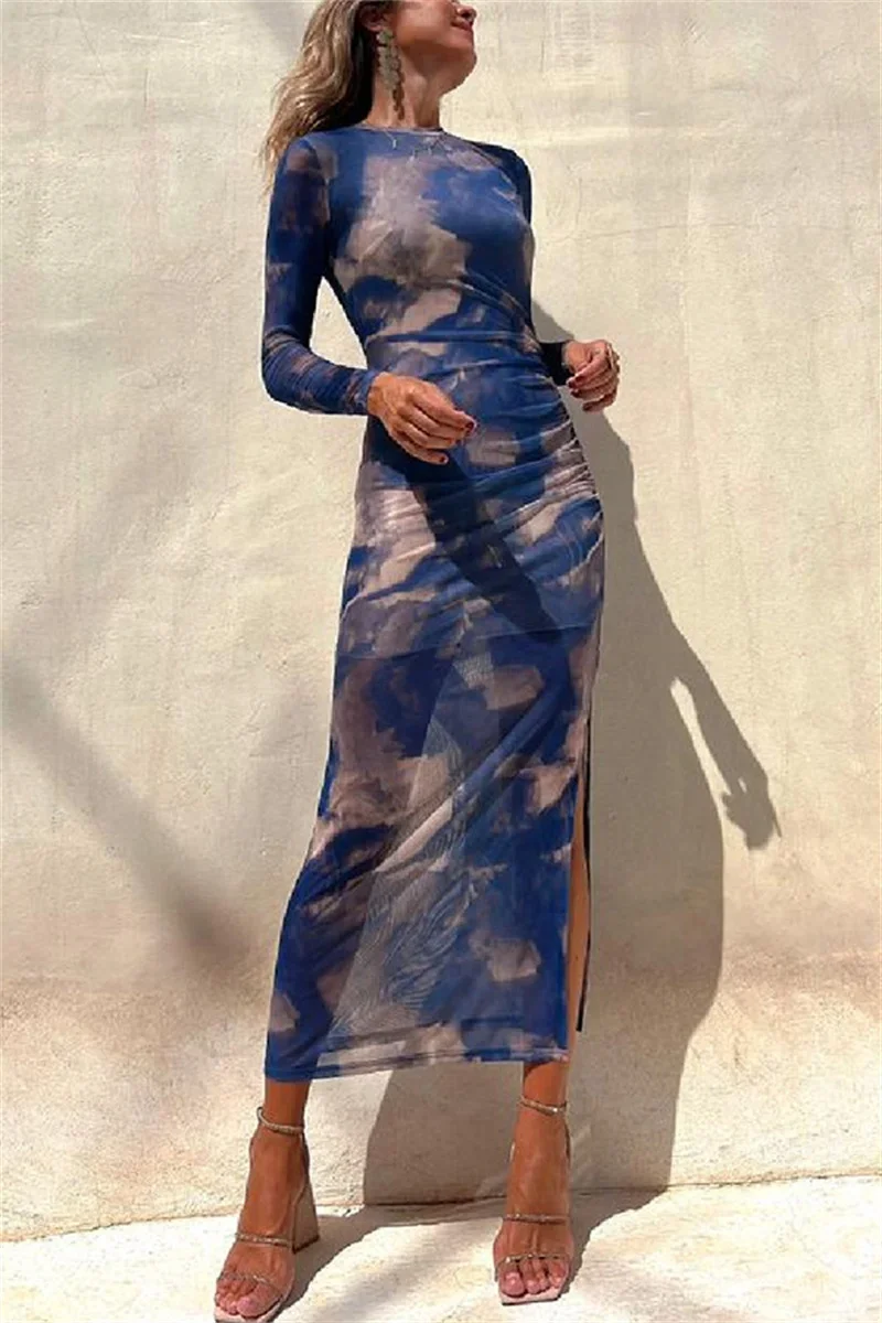 

Women Sexy See-through Mesh Dresses Autumn New Fashion Print Slim Fit Stretch Long Sleeve Dress Female Evening Party Casual Gown