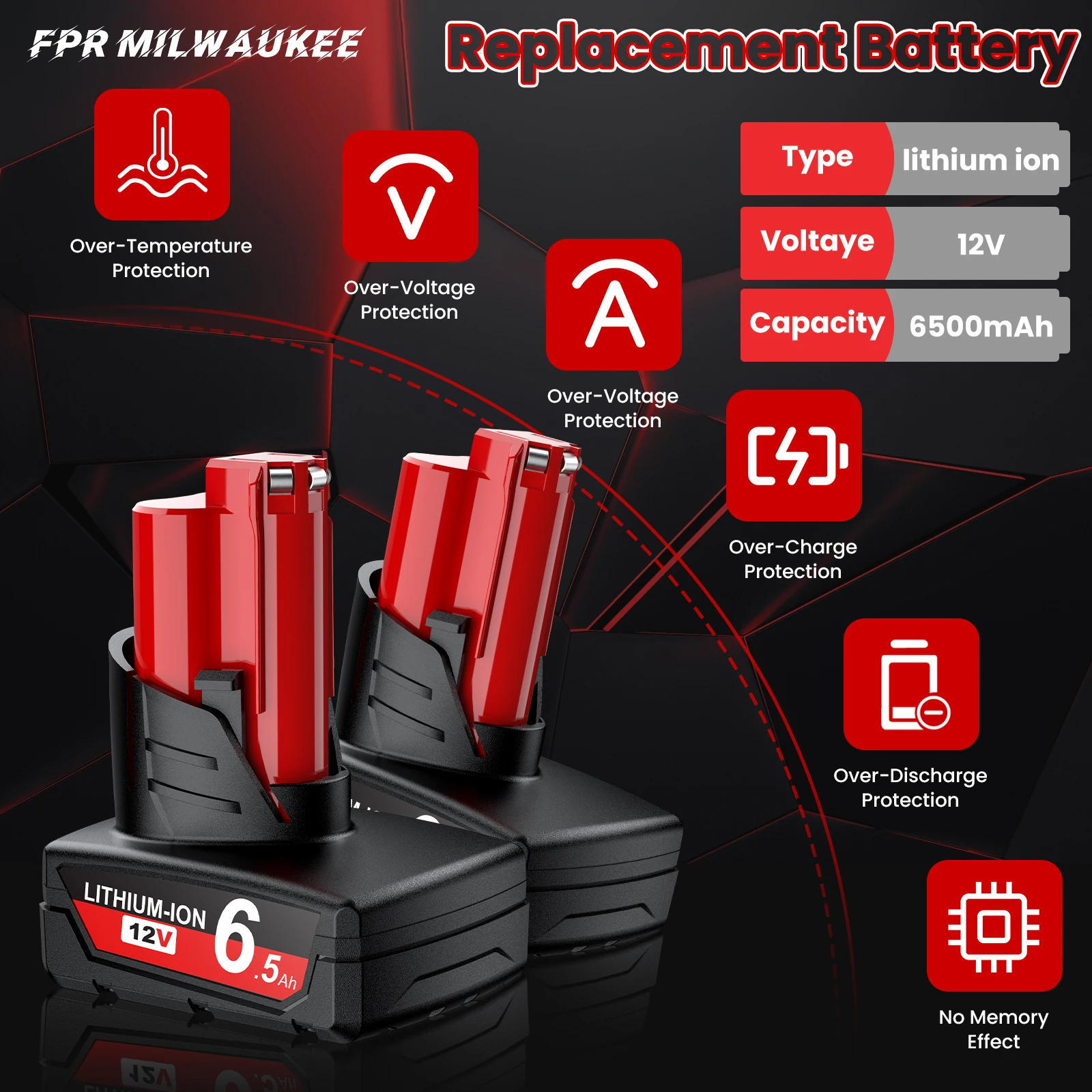 بطارية ليثيوم أيون 6.5Ah 12V لأدوات الطاقة ميلووكي M12 48-11-2401، 48-11-2402، 48-11-2411، 48-11-2412، 48-11-2440، 48-11-2460