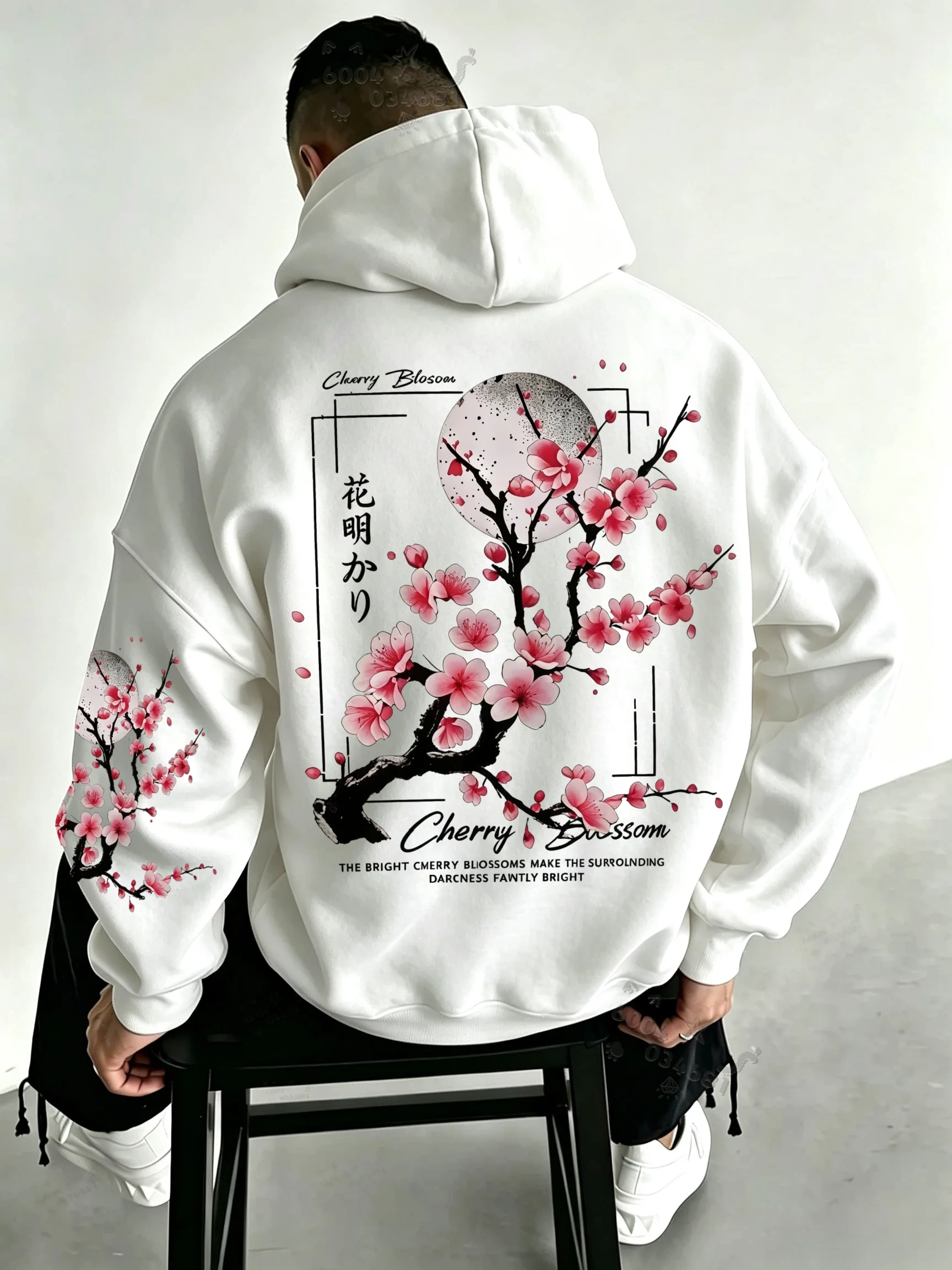Japanese-style men's retro street hooded sweatshirt with cherry blossom floral print, long-sleeved loose turtleneck top