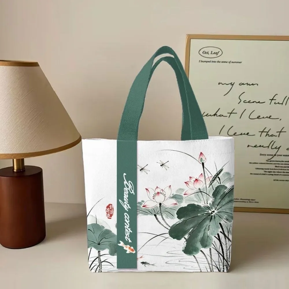 Durable Chinese Ink Wash Print Canvas Bag Large Capacity Reusable Shoulder Bag Lightweight Tote Bag Daily