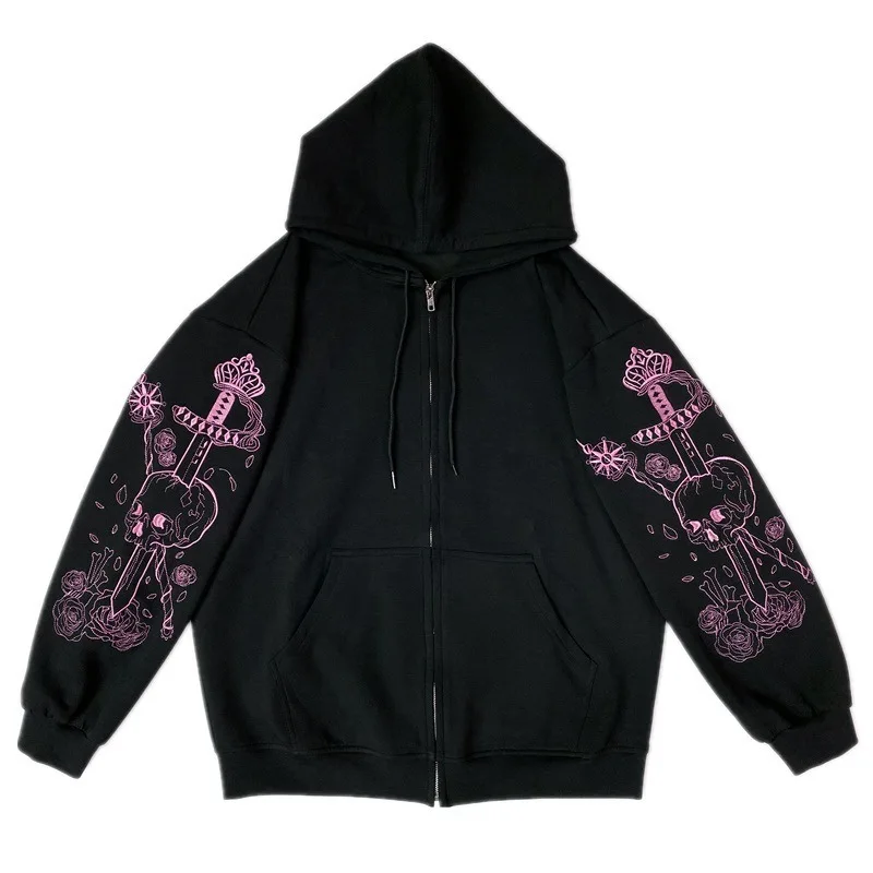 Punk Gothic Y2k Clothes Pink Cross Printed Women Fashion Black Long Weatshirts Polyester Casual Loose Hoodies Streetwear 2023