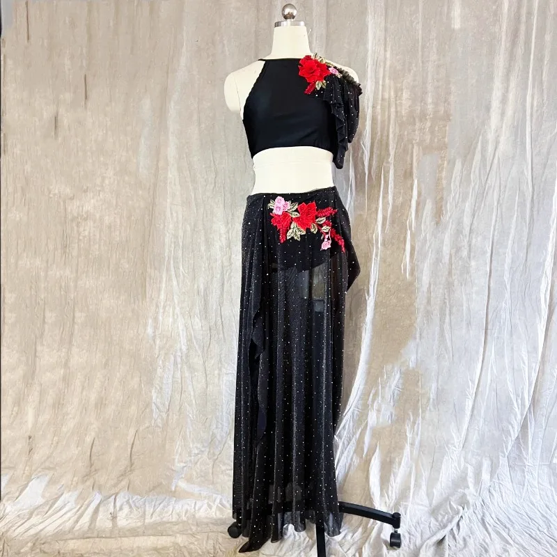 Trajes de danza del vientre personalizados, traje de práctica, Top de malla de diamante resistente, falda larga, conjunto negro, cadena de cintura dorada y plateada