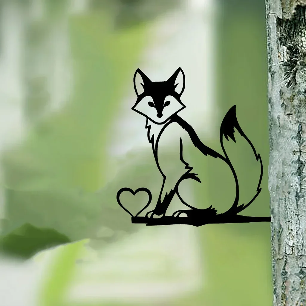 1pc Iron Silhouette Little Fox Trunk Stake Fence Ornament  garden Artwork Wall Art Home Decoration for Garden Party Decor