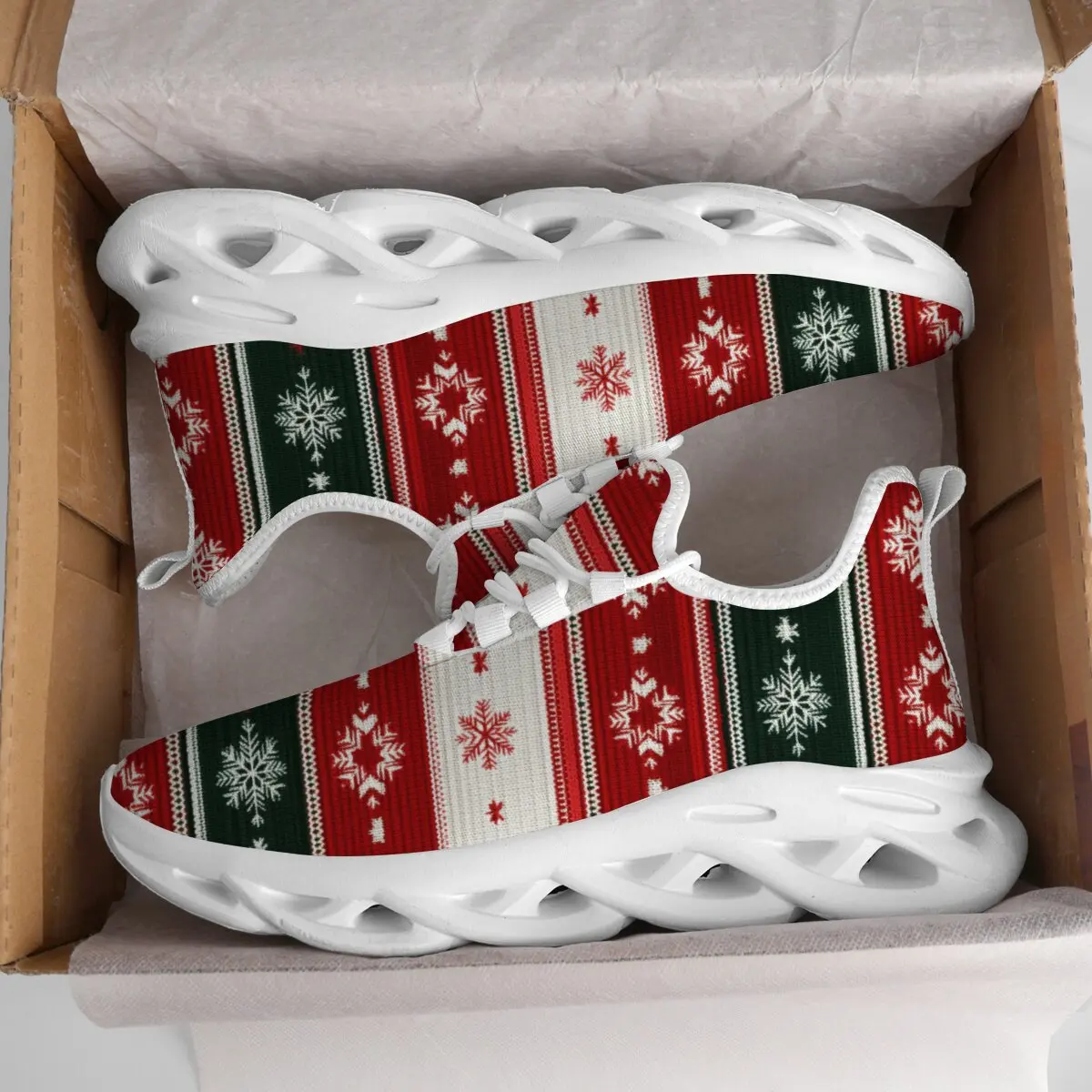 

Рождественский праздничный принт с цветными блоками, колокольчик, снежинка, лось, дизайн, большие размеры, круглая голова, летающая тканая повседневная спортивная обувь