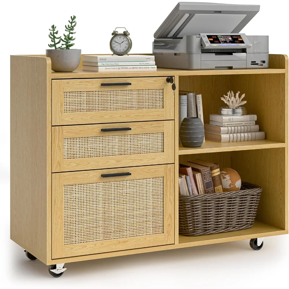 

"3-Drawer Rattan File Cabinet - Lateral Locking Storage w/ Rolling Printer Stand, Home Office Organizer"​