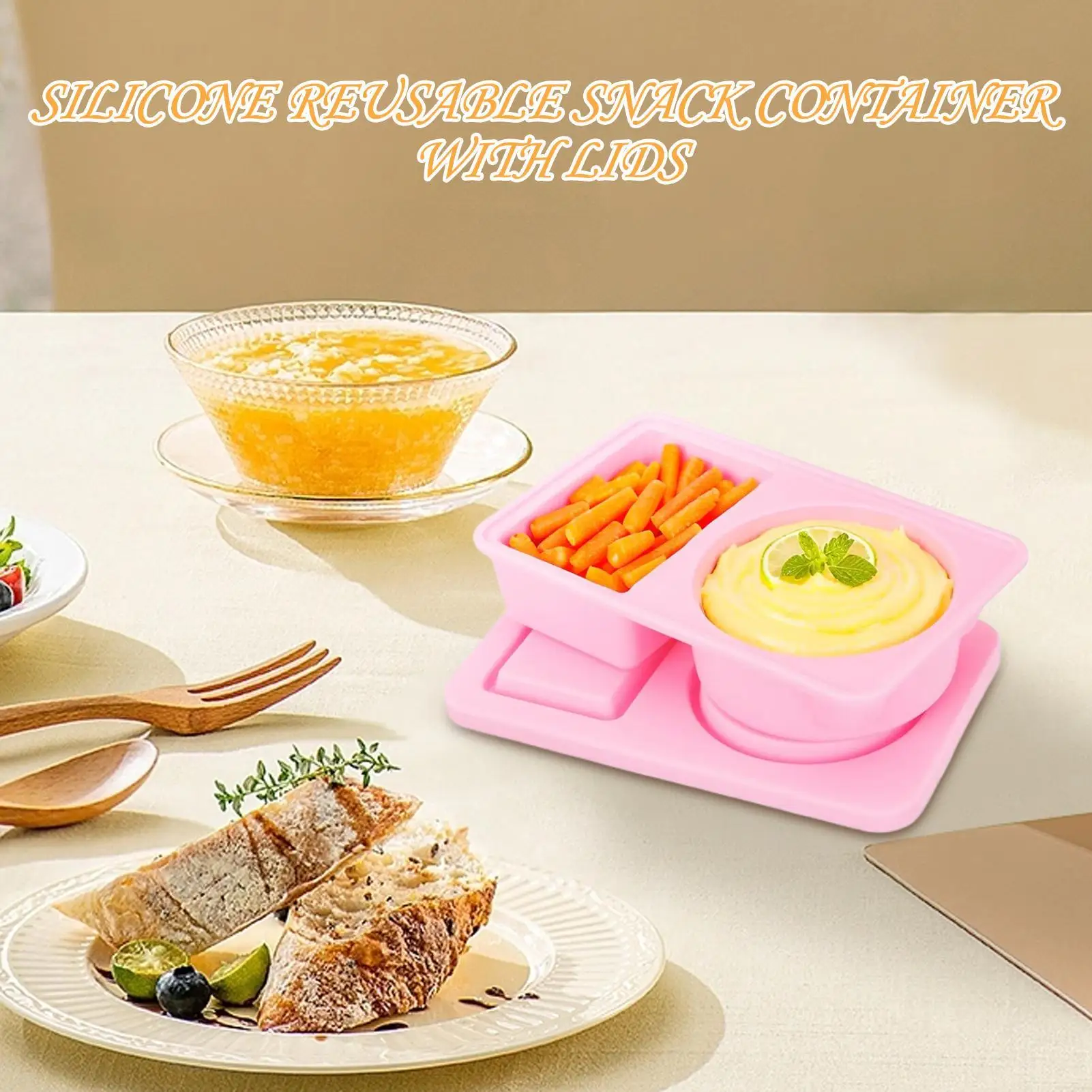 

Silicone Snack Container Double Compartment Meal Prep Containers Foldable Dishwasher Safe Food Snack Box For Vegetable Fruit