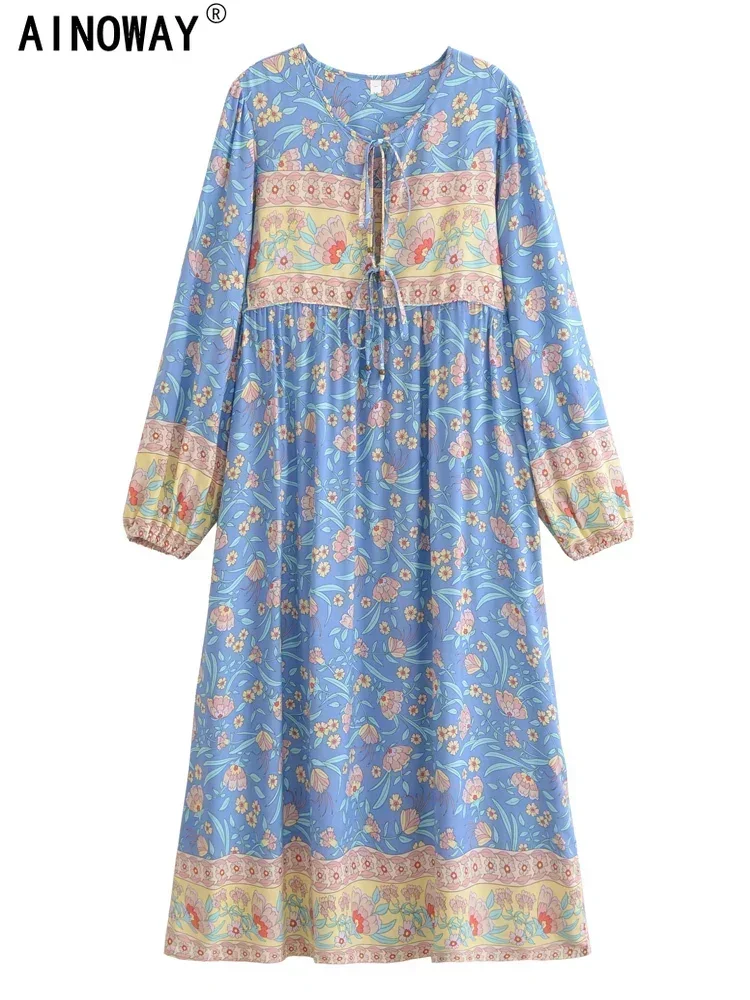 Boho Vintage Women Long Sleeve Blue Floral Print Beach Bohemian Maxi Dress Ladies Tie Neck Rayon Cotton Summer Dresses Robe