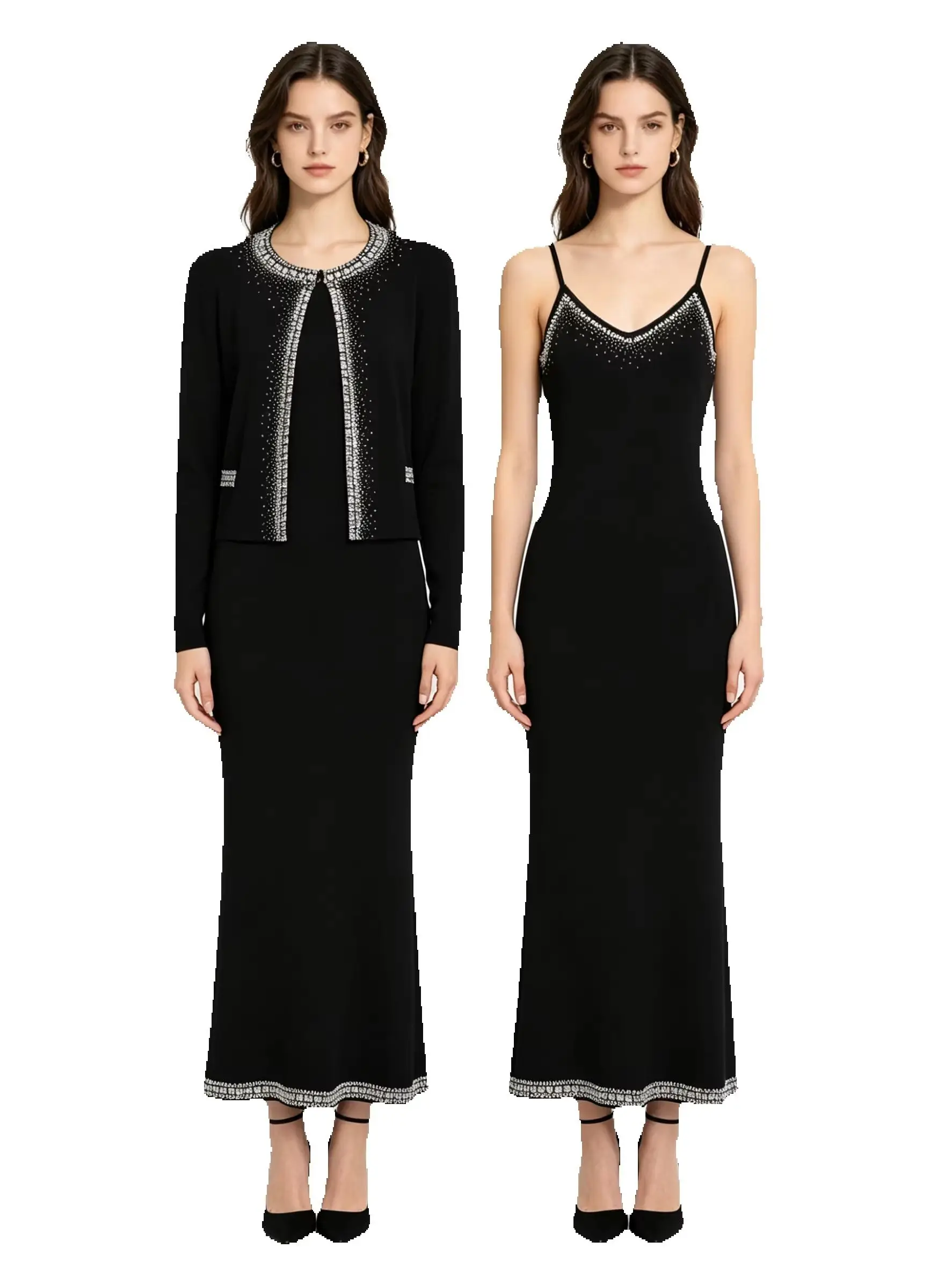 26102 High Quality Summer New Style Fashionable and Popular Hot Diamond Ladies' Long Sleeve Knitted Cardigan+Strap Women Set