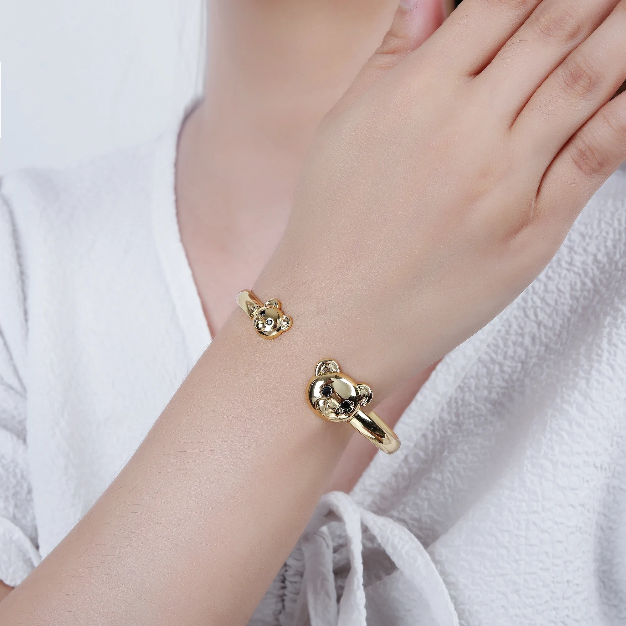 5 Color Cute Zircon Bear Open Cuff Bangle Copper Gold Plated Hip Hop Animal Bracelet Charming for Woman Girl Daily Wear Jewelry