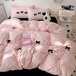 Black Bow Embroidery Duvet Cover 3 Pieces Set Girl Adult Bedroom Pink Decor Quilt Cover Solid Color Bedding with 2 Pillowcases