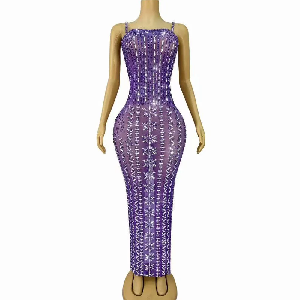 

Women Sexy Stage Purple Twinkling Rhinestones Suspenders Mesh Dress Evening Cocktail Party Outfit Red carpet Stage Costume
