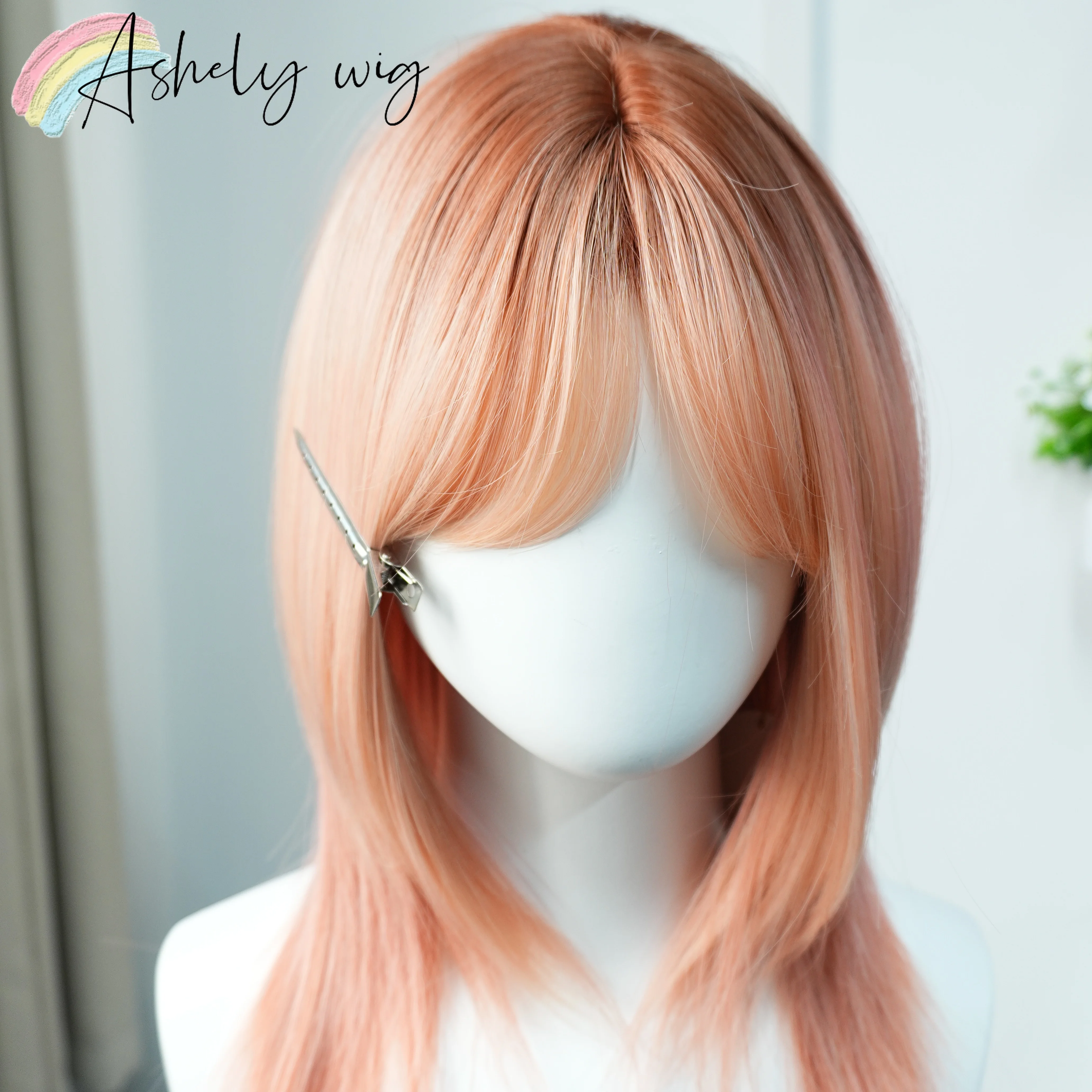 Soft Peach Pink Wigs Medium Length Wig with Bangs French Airy Fringe Layered Wolf Cut Shag Synthetic Cosplay Wig Real Scalp - view 5