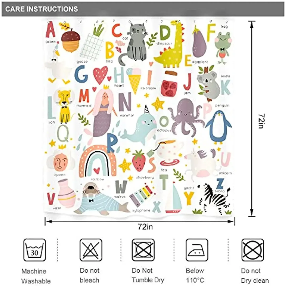 Kids Alphabet Shower Curtains For Bathroom Decor ABC Educational Learning Tool Baby Cartoon Animals Colorful Girls Boys Printed