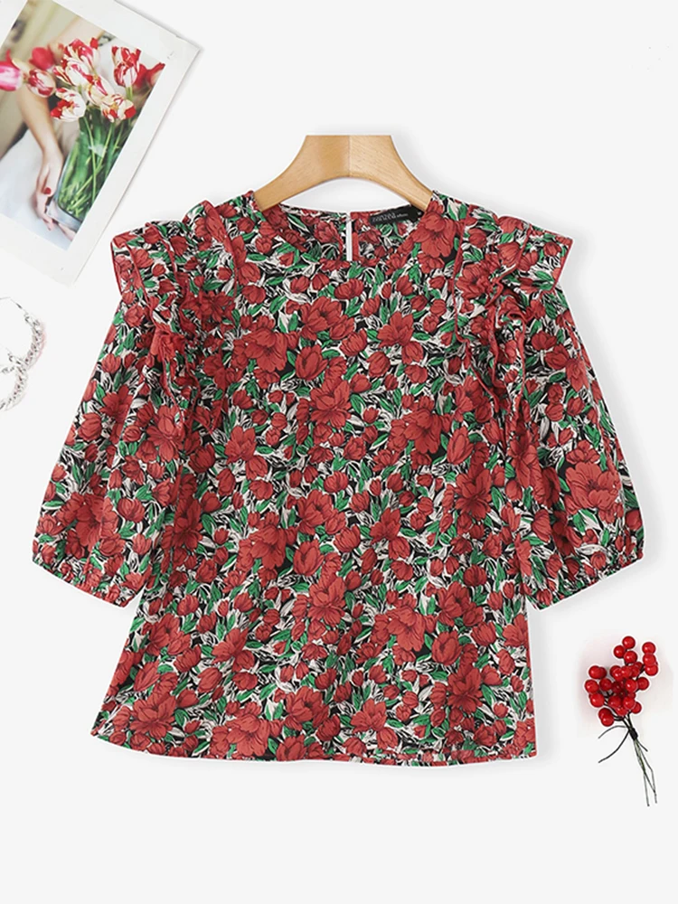 

ZANZEA 2025 Fashion Women Vintage Ruffled Blouse Casual Short Sleeve Shirts Ruffled Tunic Tops Loose Floral Print Ladies Blusas