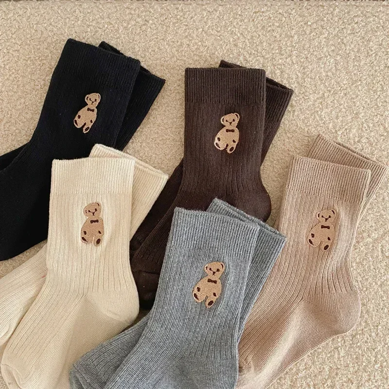 Autumn Winter Cotton Kids Socks Korean Retro Style Bear Embroidery Girls Boy Toddler Knitted Socks Warmth Tube Socks For 1-10Yrs