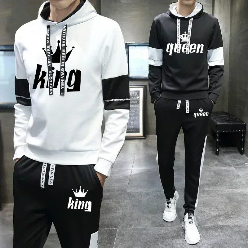 Couple King and Queen Printed Sports Suit Warm Hoodies and Pants Fleece Outfits Outdoor Jogging Clothing Men and Women