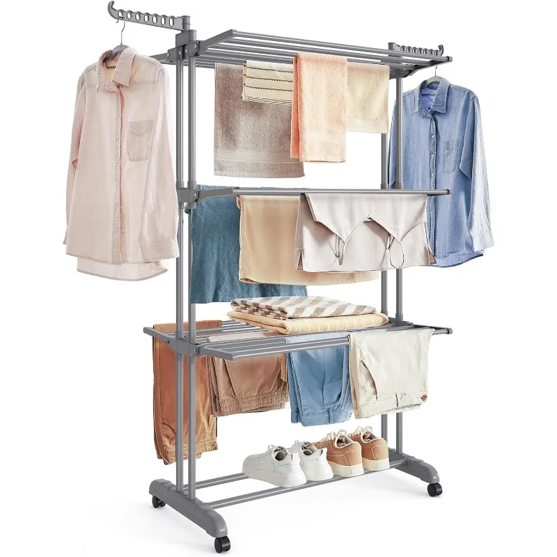 

Clothes Drying Rack Stand 4-Tier, Foldable Laundry Drying Rack 68.1-Inch Tall, Steel, Rolling