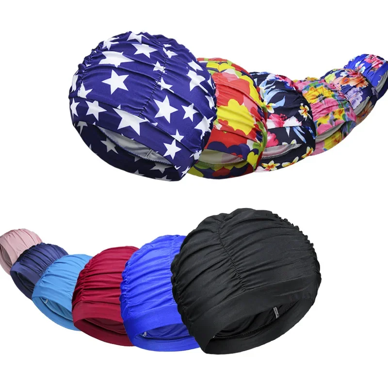 New Solid Color Long Hair Women Men Swim Pool Seaside Water Sports Elastic Pleated Nylon Fabric Bathing Swimming Caps Hat Turban