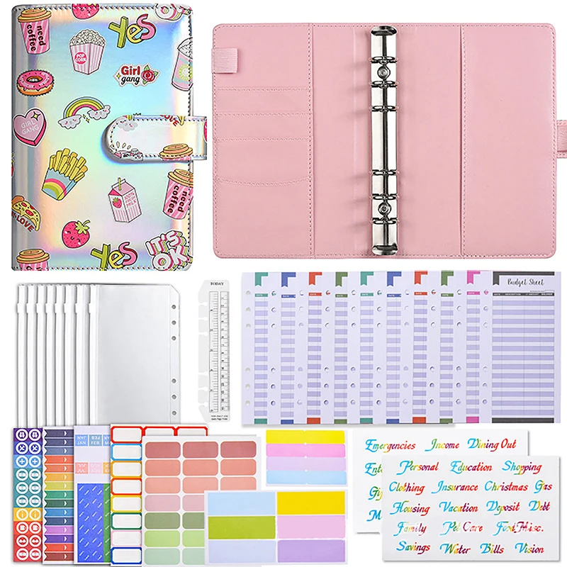 A6 Macaron Cute Laser Money Budget Planner Loose-leaf Folder Notebook With Zipper Pocket And Labeled Cash Envelope