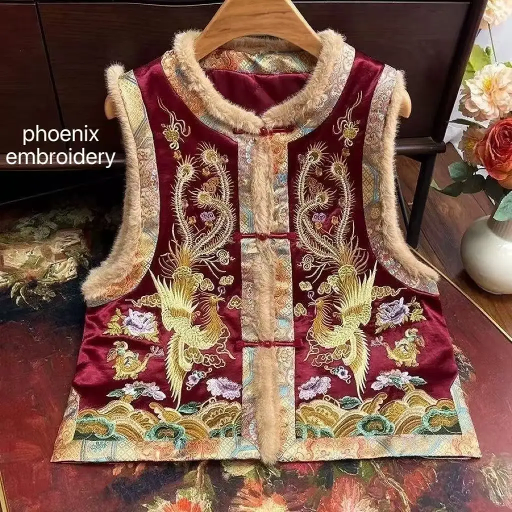 Red New Chinese Style Embroidery Tops Women's Traditional Phoenix Pattern Vest Coat Winter Thicken Cotton Coat Xmas Tang Suits
