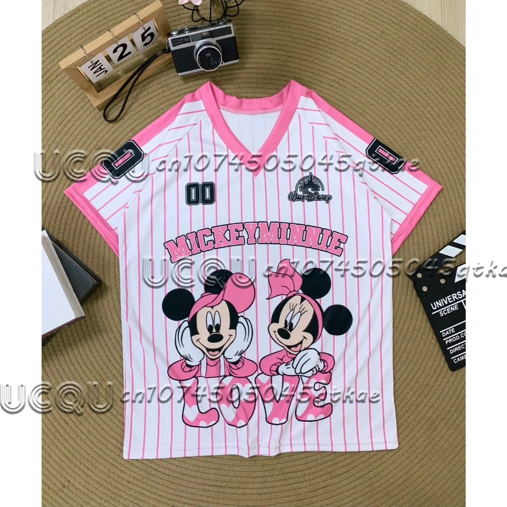 

Disney Mickey Cartoon Printed T-shirt Summer Women's V-neck Loose Fashion StreetWear Travel Vacation TEE Casual Sportswear Top
