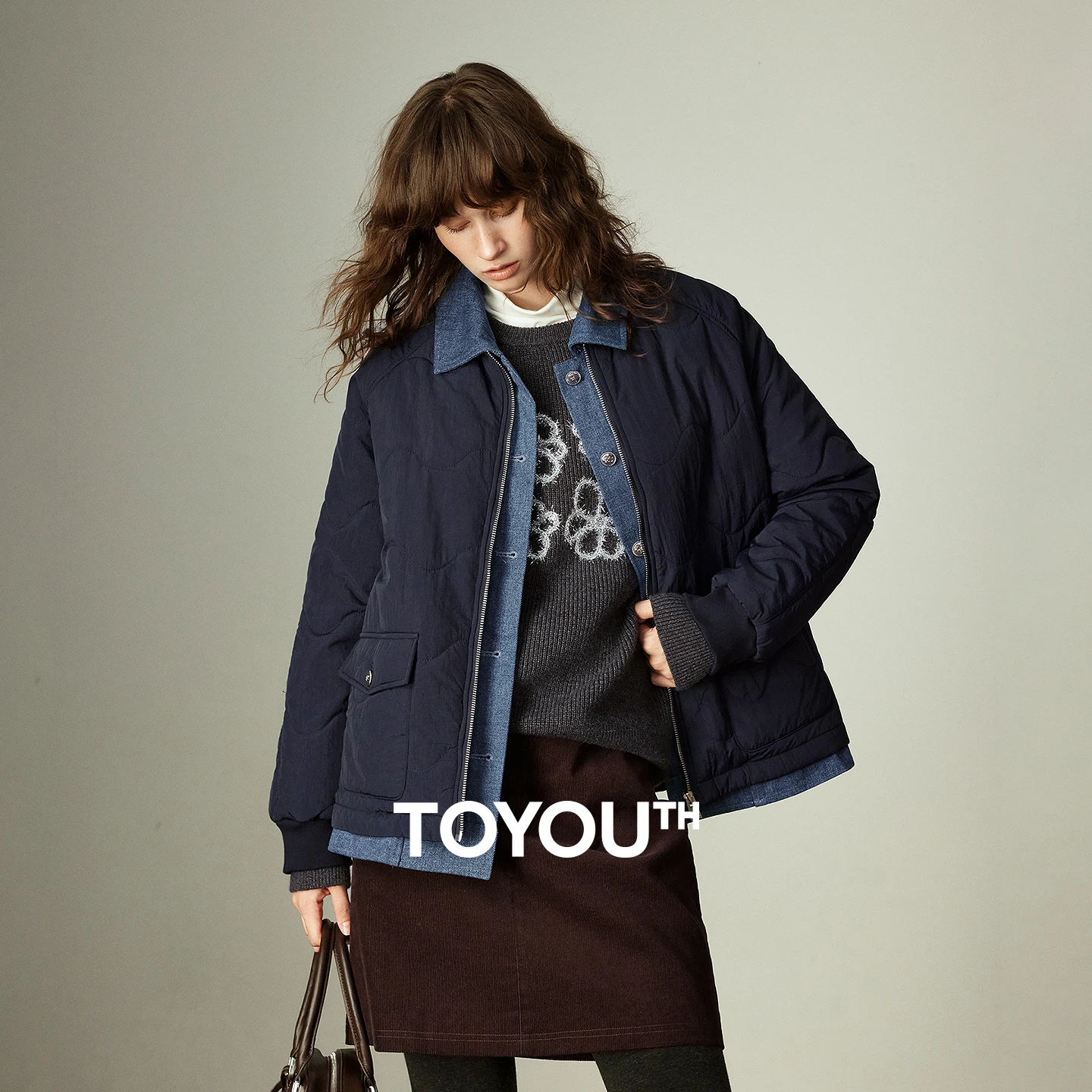 

TOYOUTH Women Cotton Coats 2025 Winter New Fleece Spliced Denim Wave Quilted Loose Warm Shirt-style Outerwear