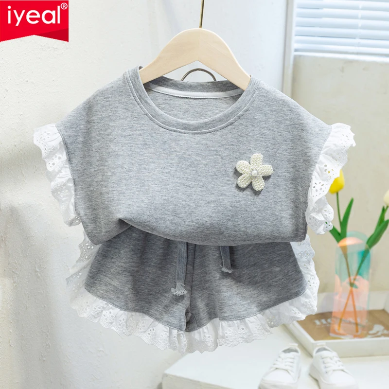 IYEAL  2026 Summer Baby Girls' Cotton Set Baby Girls Fashion Korean Flower T-shirt+Lace Sports Shorts 2-piece Set