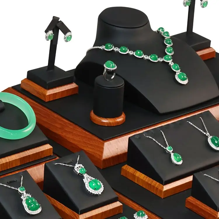 

High-end Leather & Velvet Jewelry Display Set, Premium Countertop Showcase Stands for Gold Jade Bracelet, Luxury Store Display
