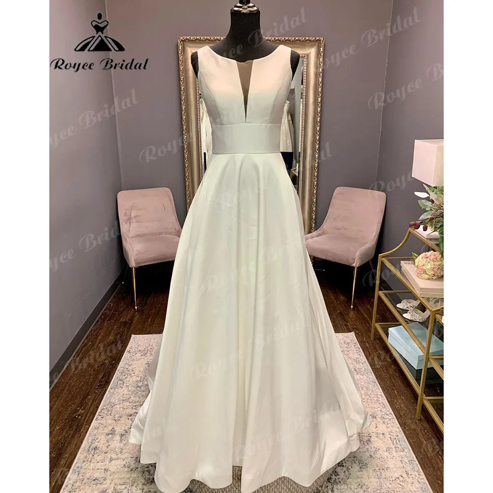 Vestido da Sposa Jubah antik punggung terbuka gaun pernikahan Satin Crepe gaun pengantin wanita tanpa lengan 2024 gaun pengantin wanita Custom buatan kustom