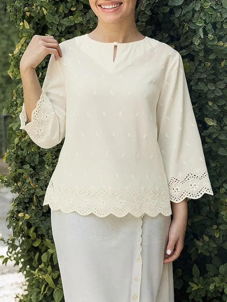 

ZANZEA, осенние женские модные топы, блузка из 100% хлопка, повседневная свободная элегантная туника с круглым вырезом, кружевная шикарная блузка с рукавами 3/4, одежда 2025