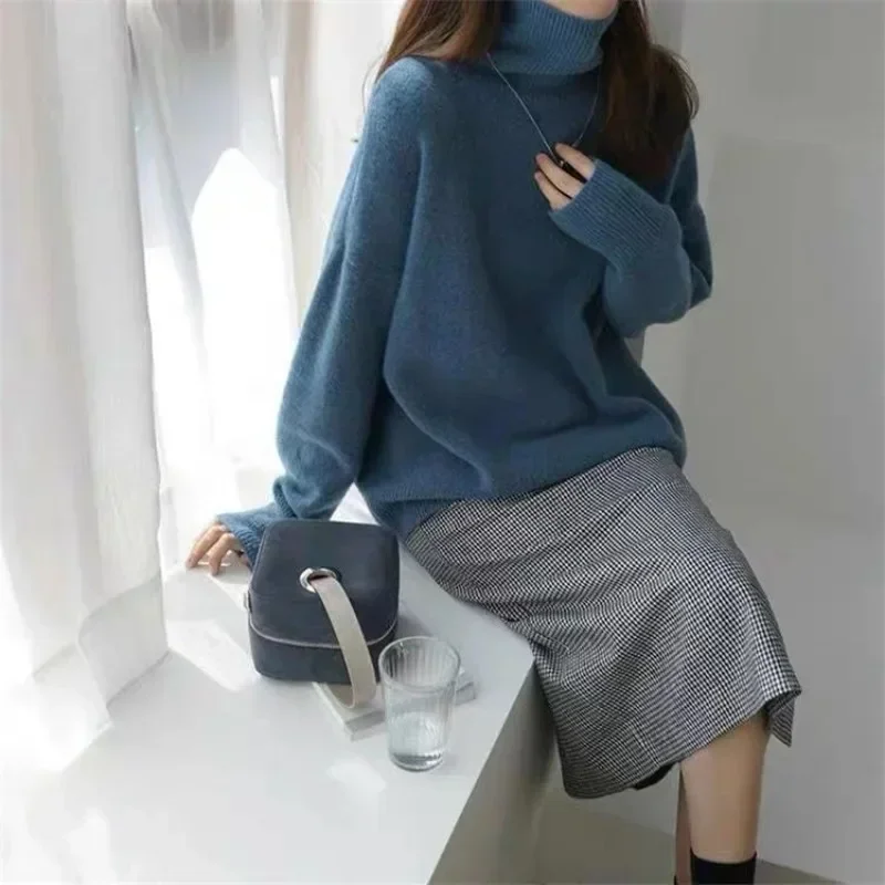 Women's Shirt Turtleneck Wool Sweater Thickened Girls' Solid Color Loose Pullover Lazy Style Knit Plus Size Base Ladies' Shirt