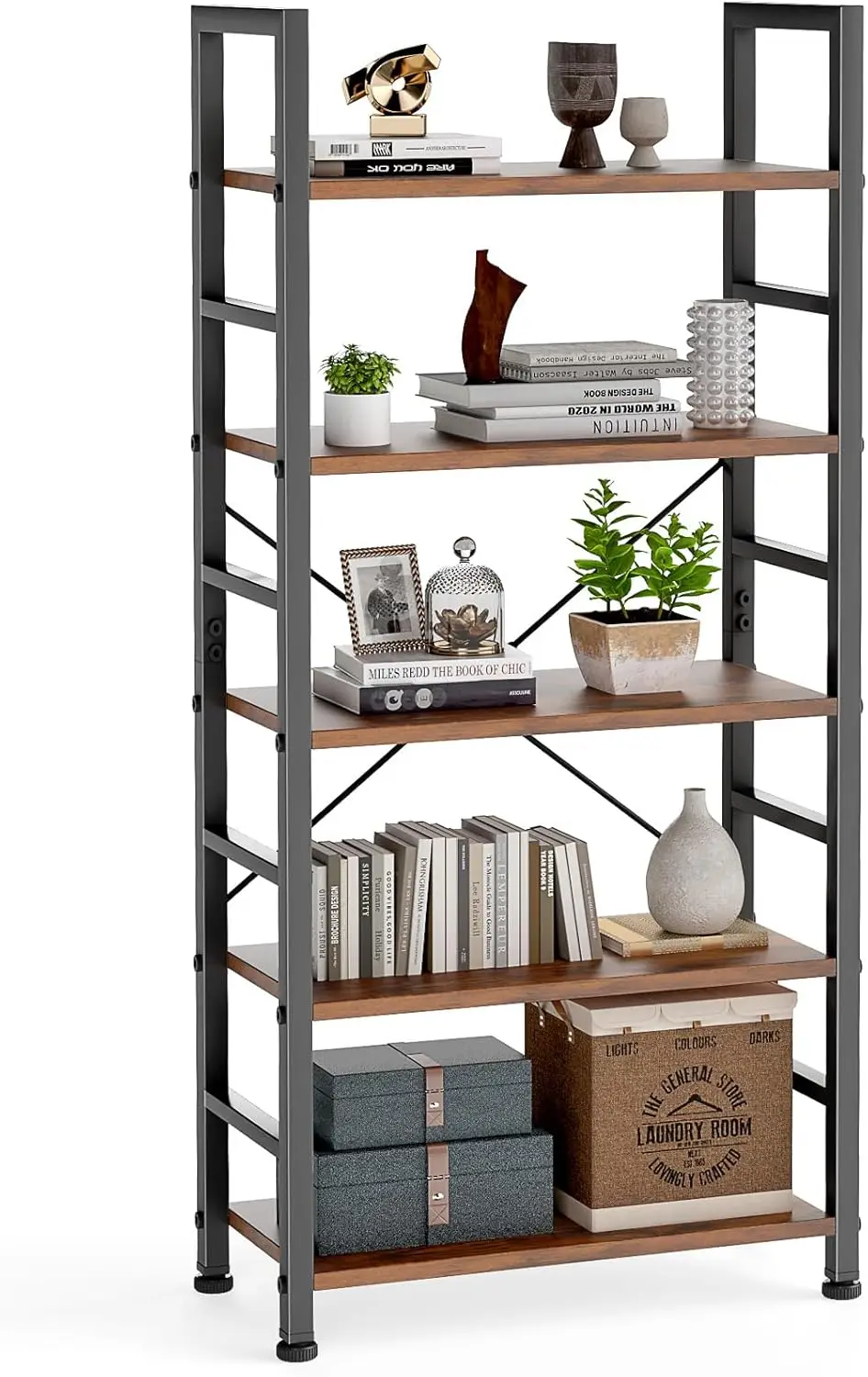 

5-Tier Bookshelf, Modern Tall Display Shelf for Living Room, Office or Home, Storage Organizer for Books, CDs, Movies, Rustic