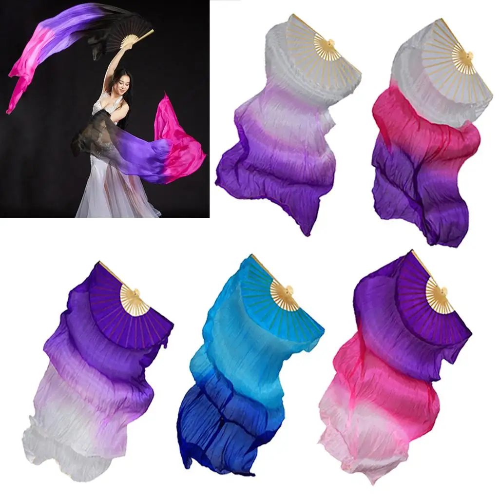Fan Veils Belly Dance Real Silk Handmade Flutter Fan Veil Large Span for Troupe Shows Cosplay and Gala
