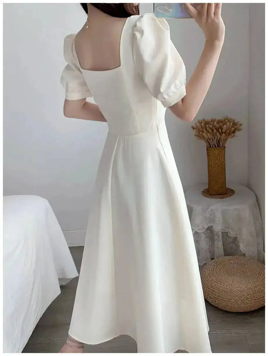 슬림핏 여성 화이트 드레스 버블 슬리브 스퀘어 넥 라이트 윈드 스타일 롱 스커트 여름 캐주얼 한국 스타일 FPXO