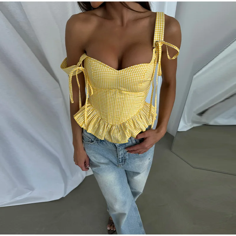 Casual Women's Plaid Ruffles Sling Tops Slim Bandage V-neck Sleeveless Female Crop Vests 2025 Summer Lady Sexy All-match Tanks