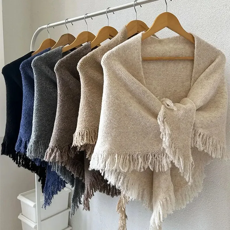 

High Quality Winter Triangle Shawl Versatile Tassel Knitted Shawl Wraps Thickned Cold Proof Blanket Scarf for Women