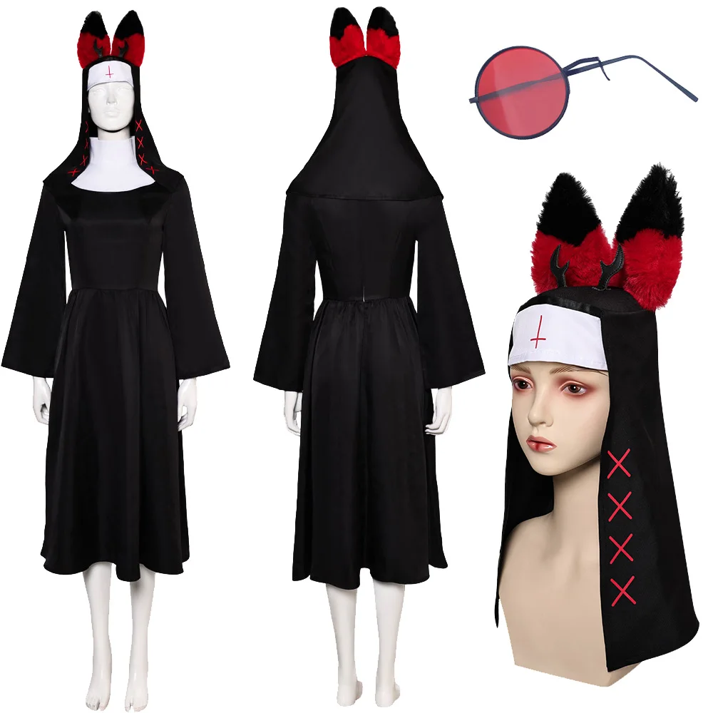 Anime Hazbin Cosplay Traje Para Mulheres, Vestido De Freira Preto, Alastor, Óculos, Chapéu, Chapéu, Chapéu, Roupa, Dia Das Bruxas, Fato De Festa De Carnaval