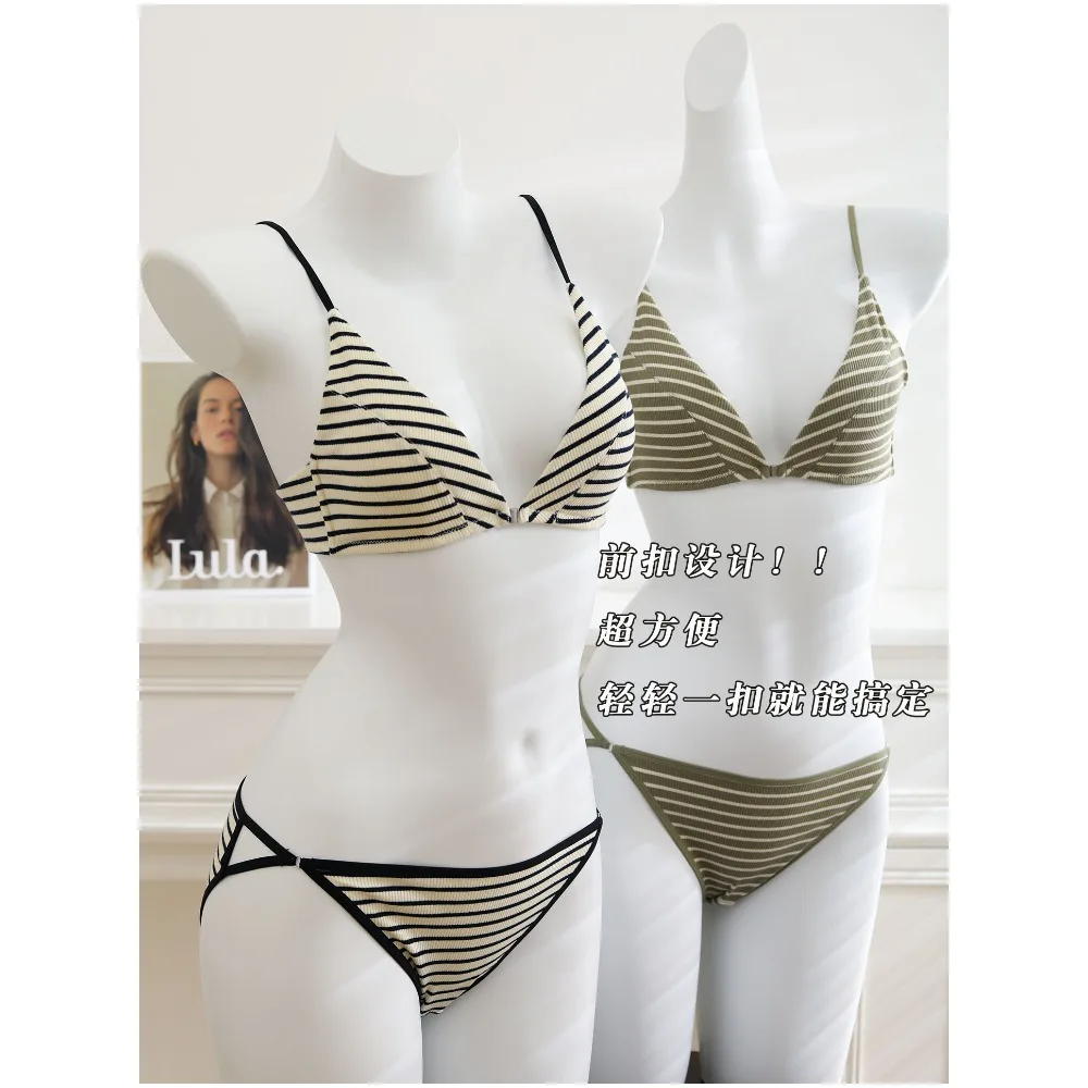 Women Front Closure Bra Set Summer Thin Light Cotton French Triangle Cup Backless Beauty Back Lingerie Suit For Small Chest S-XL