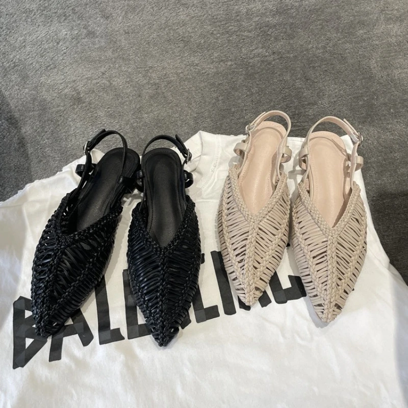 

New Pointed Roman Sandals Women's Summer Flat Bottom Hollow Word with Bag Head Cool Slippers