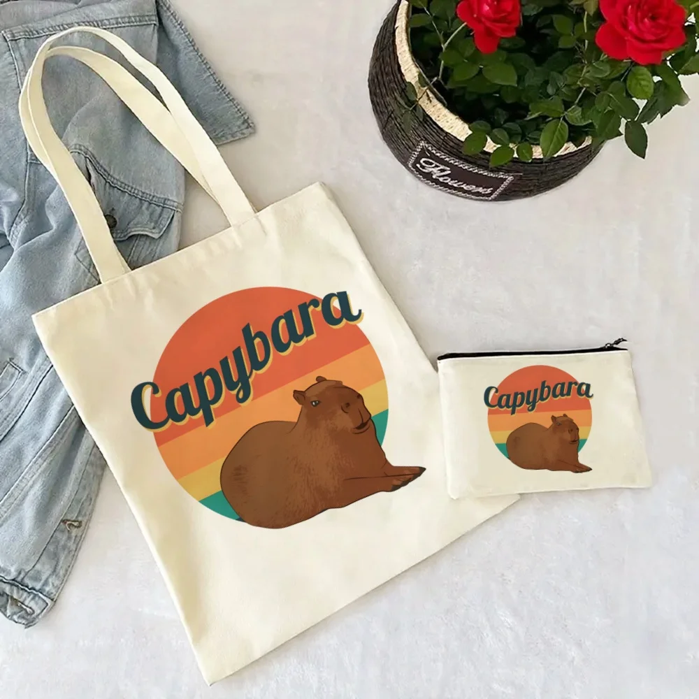 2pcs Capybara Tote Bag Set, Fashion Canvas Shoulder Bag with Clutch Coin Purse, Portable Shopping Bag Travel Storage Bag