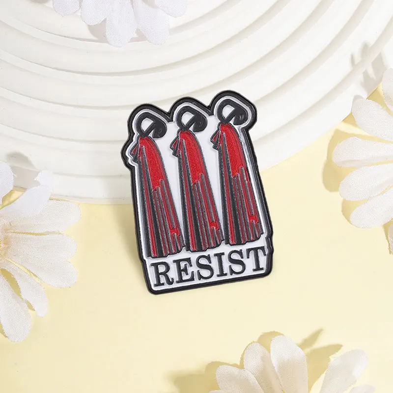 Feminist Quote RESIST Enamel Pins Punk Three Hooded Figures In Red Cloaks Brooches Backpacks Lapel Badges Jewelry Gift for Women