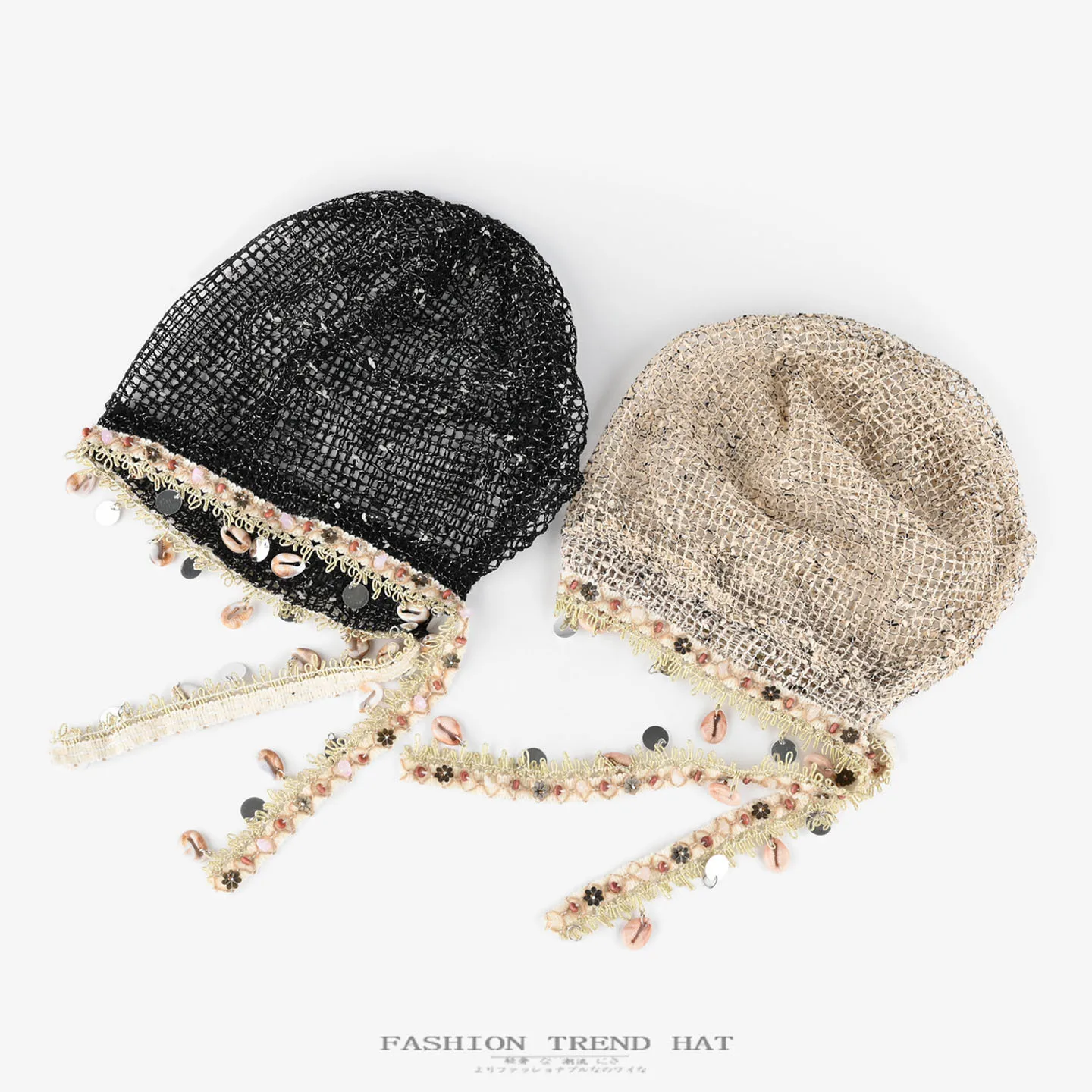 Women Bohemian Hollow‑out Seashell Beanie Summer Breathable Mesh Slouch Hat Vacation Travel Lightweight Pull‑on Head Wrap Cap