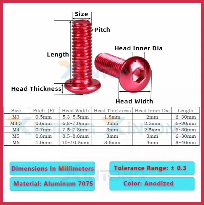 M3-M6 الألومنيوم المقبس غطاء مسامير ألين عرافة البراغي زر رئيس الأحمر الداكن أنودة السحابات