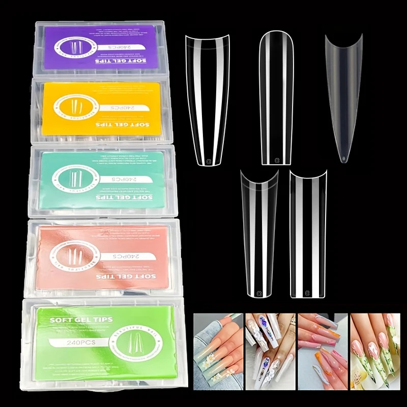 240 Stück extra lange XXL-Nagelspitzen, ultradünne, spurlose tragbare Nagelspitzen, transparente Nagelspitzen, volle und halbe Nagelflicken