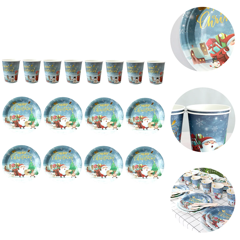 

20pcs Christmas Wood Plates Disposable Dessert Dishes Cutlery Set For Party Holiday Sturdy Wooden Tableware Xmas Printing