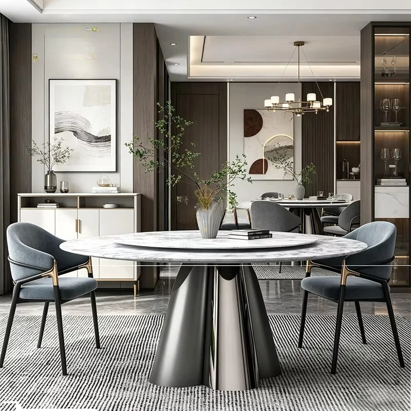 White Gray Marble Round Dining Table Lazy Susan Turntable Triple Column Metal Base Home Restaurant Dining Room Furniture