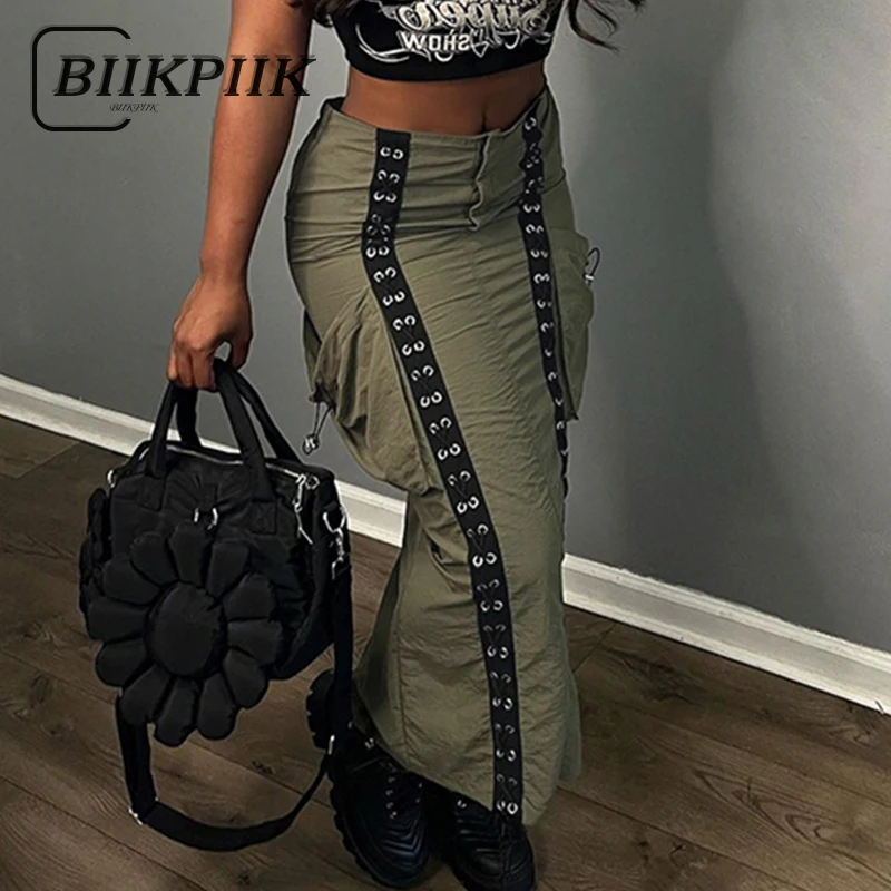 BIIKPIIK Bandage Pockets Skirt for Women Streetwear Fork Elastic Waisted Skinny Cargo Maxi Hot Clothing Autumn New Trend Outfits