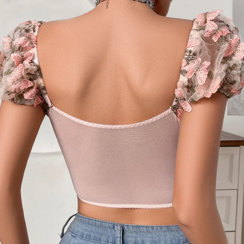 2025Модное сексуальное женское белье, прозрачный топ с цветочной вышивкой в стиле пэчворк, топ с объемными рукавами, комплект из двух предметов на косточках